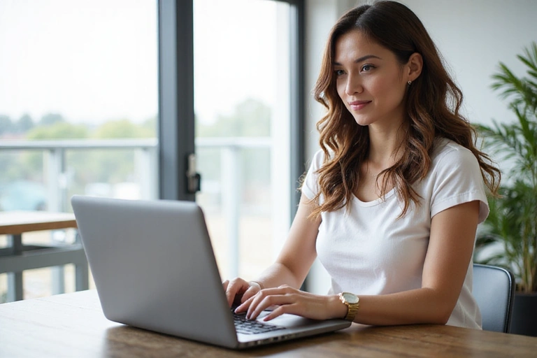 Mujer joven reservando una consulta online en su laptop