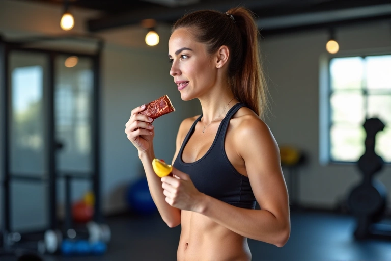 Deportista enérgico comiendo un snack saludable después de entrenar, con equipo deportivo en el fondo.
