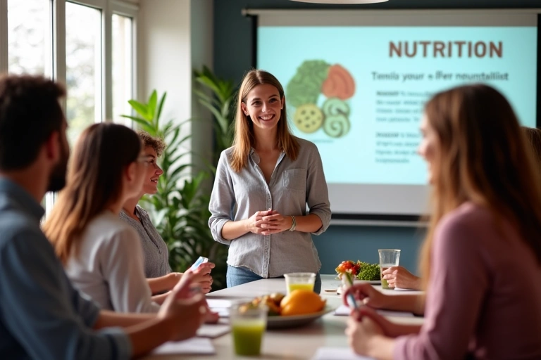 Grupo de personas sonriendo y participando activamente en un taller de nutrición, con una nutricionista presentando.