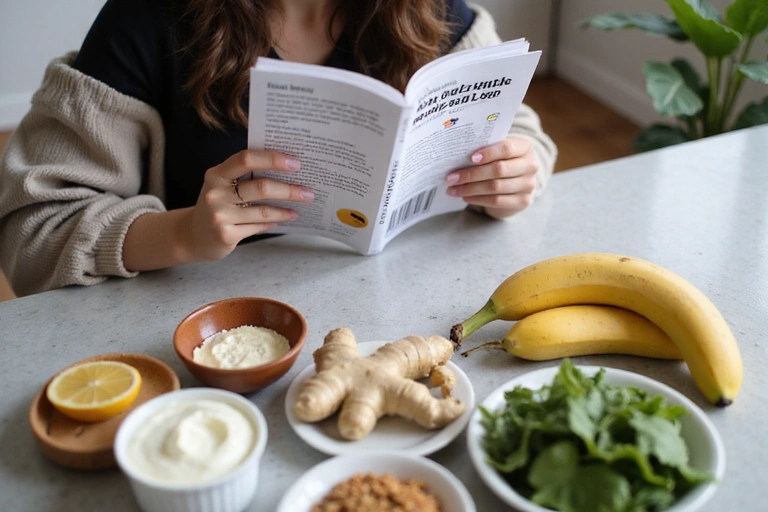 Persona leyendo sobre nutrición y salud intestinal, con alimentos digestivos como yogur, jengibre y plátanos en la mesa.